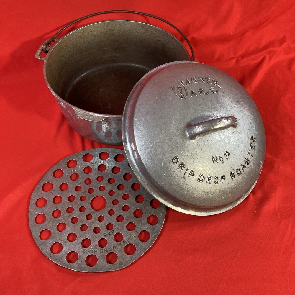 Vtg Wagner Ware 249A No. 9A Drip Drop Round Roaster w/ Lid & Trivet / 9 / 249